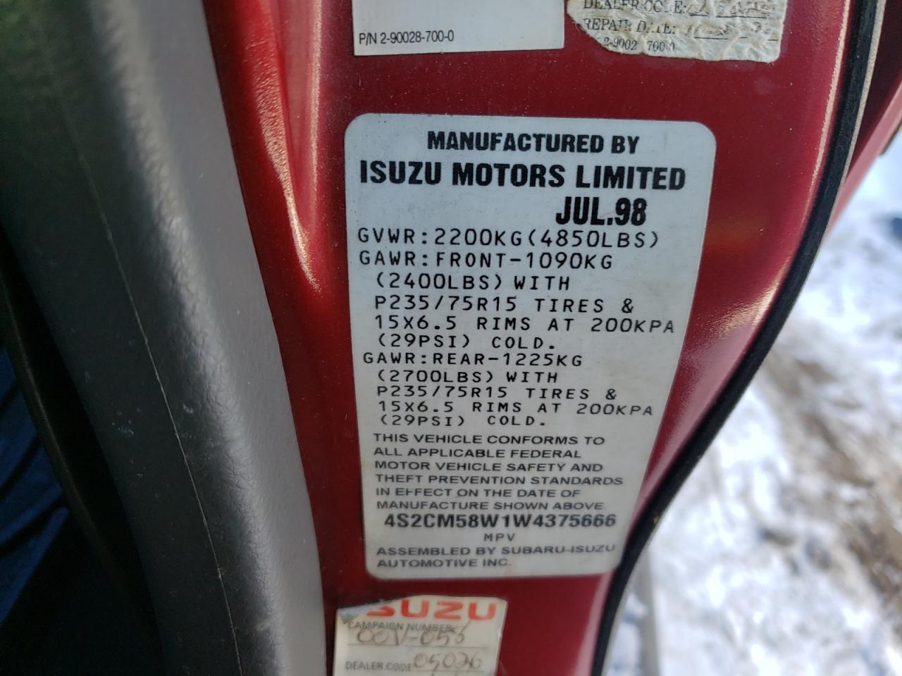Photo 10 from auction – 1998 ISUZU RODEO S with VIN 4S2CM58W1W4375666