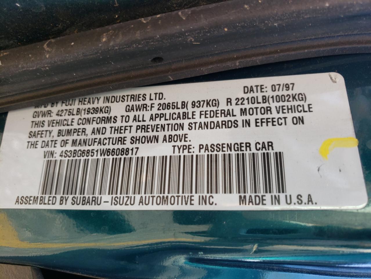 Photo 10 from auction – 1998 SUBARU LEGACY 30T with VIN 4S3BG6851W6608817