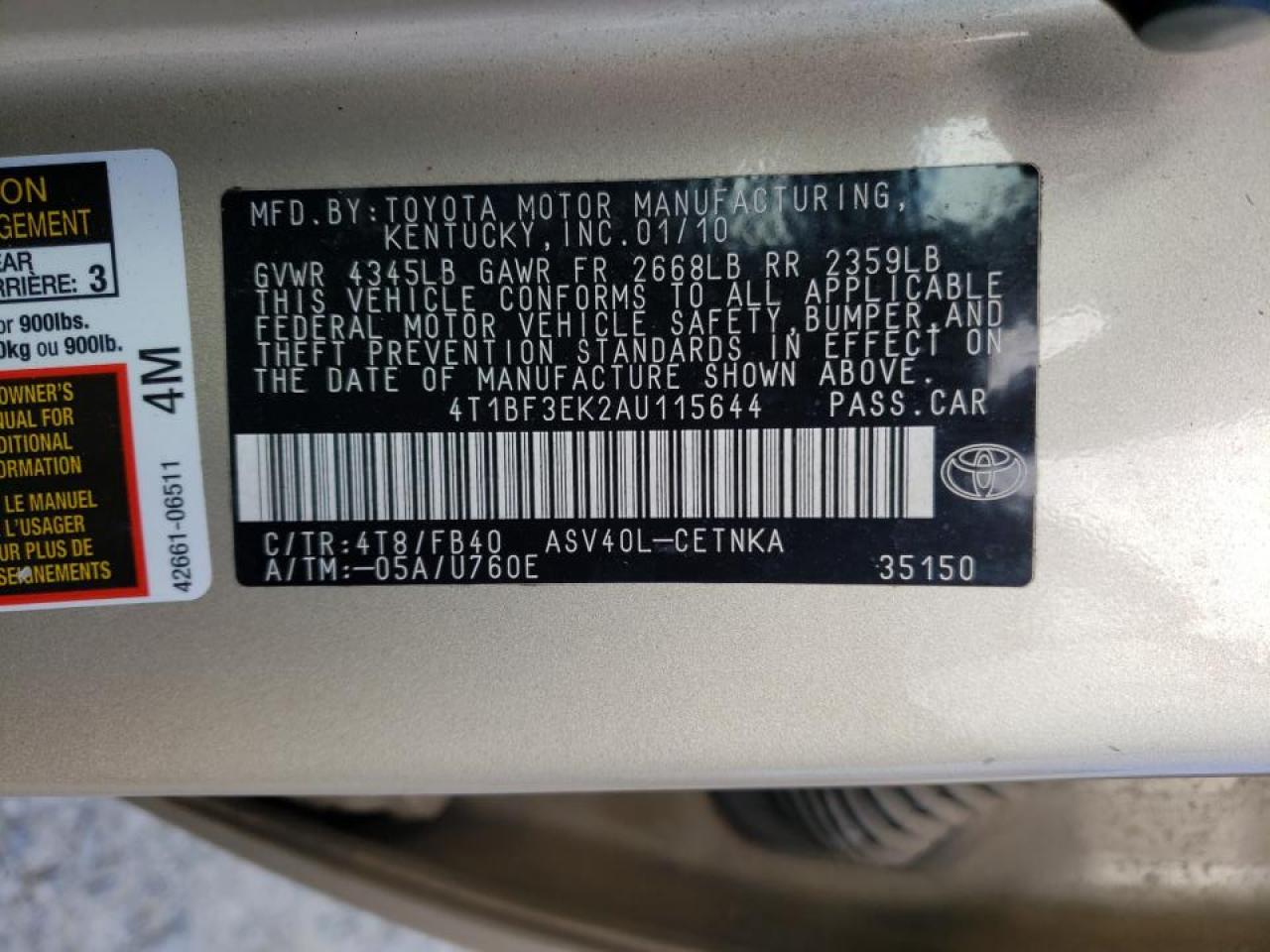Photo 10 from auction – 2010 TOYOTA CAMRY BASE with VIN 4T1BF3EK2AU115644