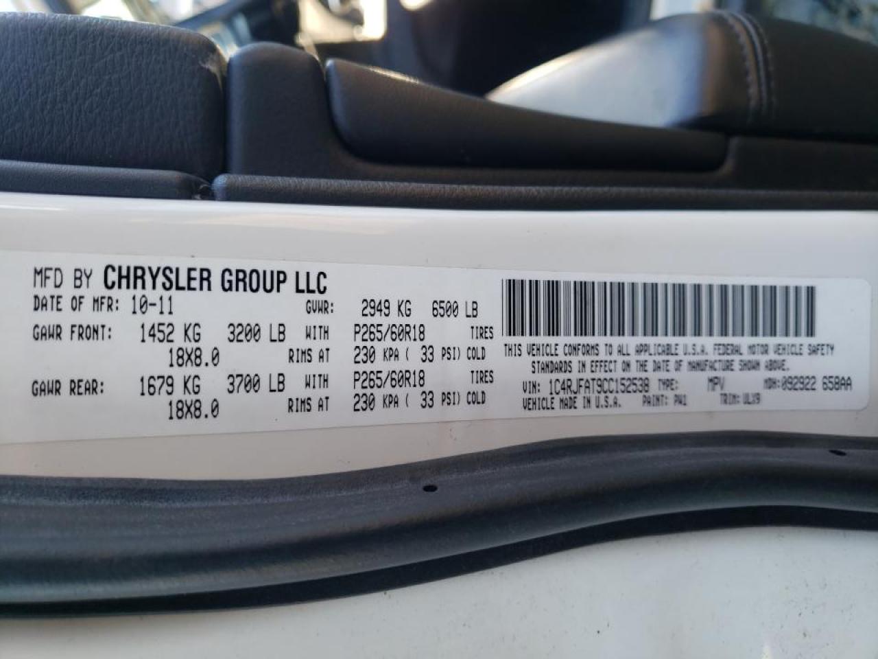 Photo 10 from auction – 2012 JEEP GRAND CHER with VIN 1C4RJFAT9CC152538