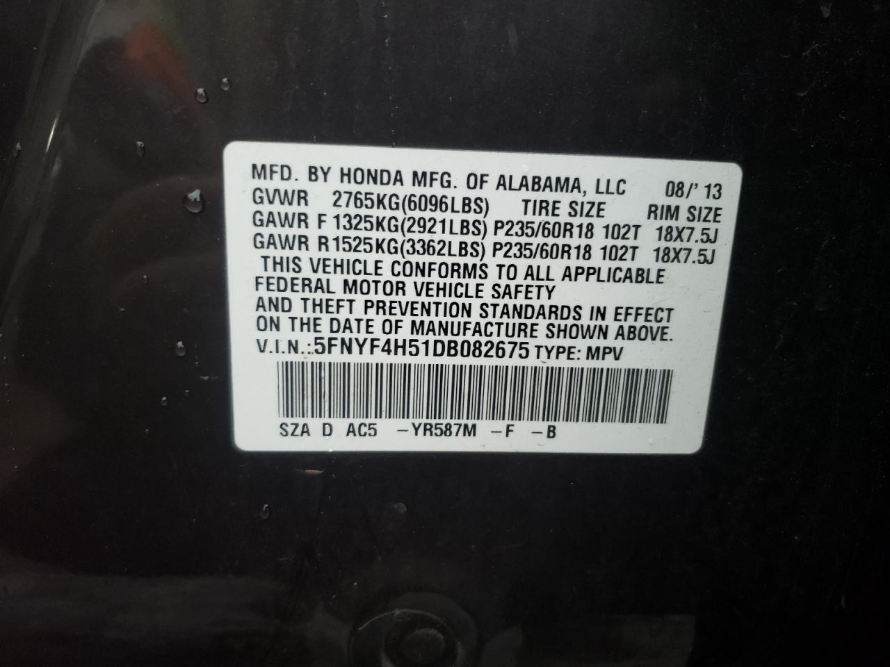 Photo 10 from auction – 2013 HONDA PILOT EXL with VIN 5FNYF4H51DB082675
