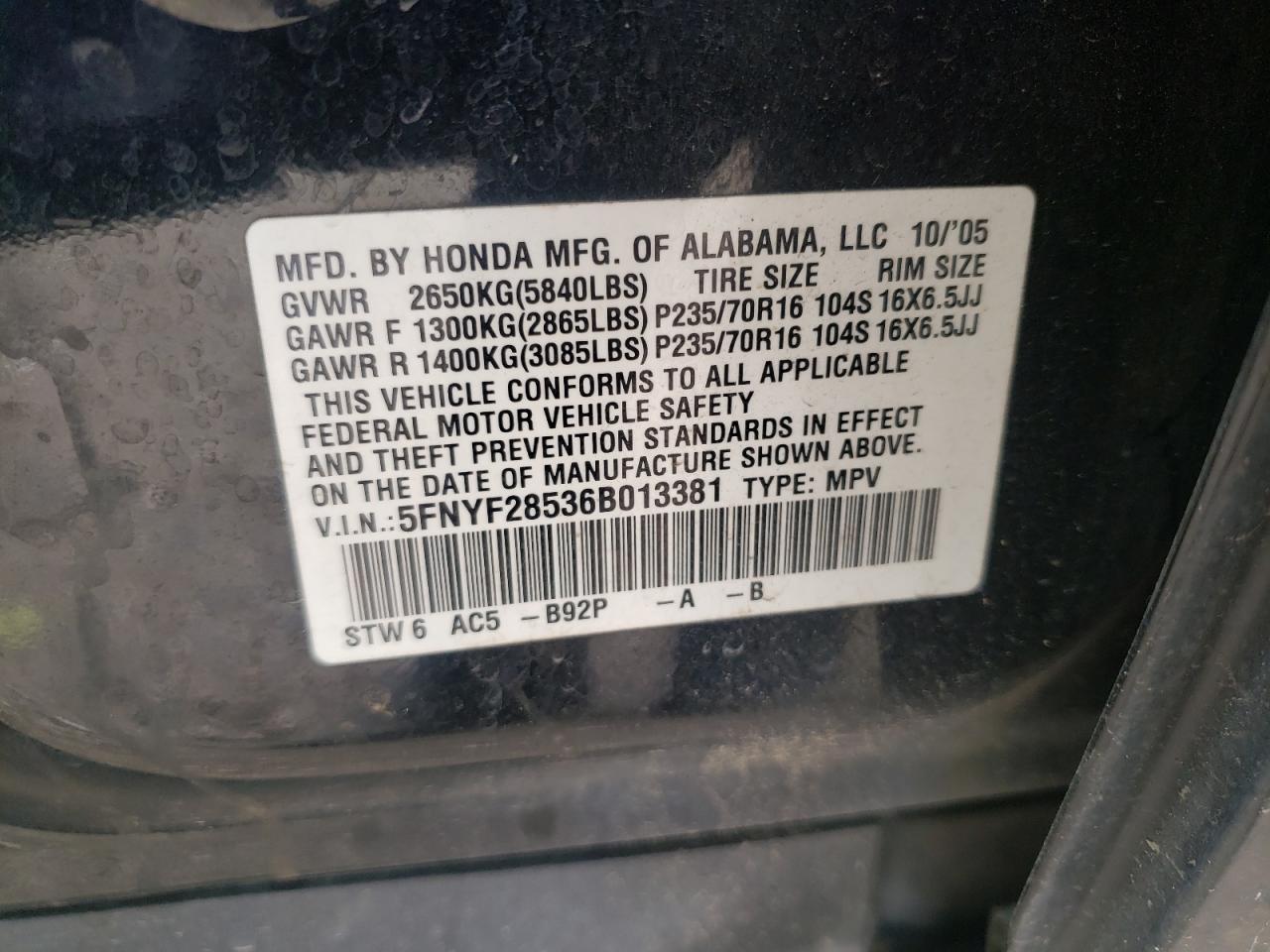 Фото 10 с аукциона – 2006 HONDA PILOT EX с VIN 5FNYF28536B013381