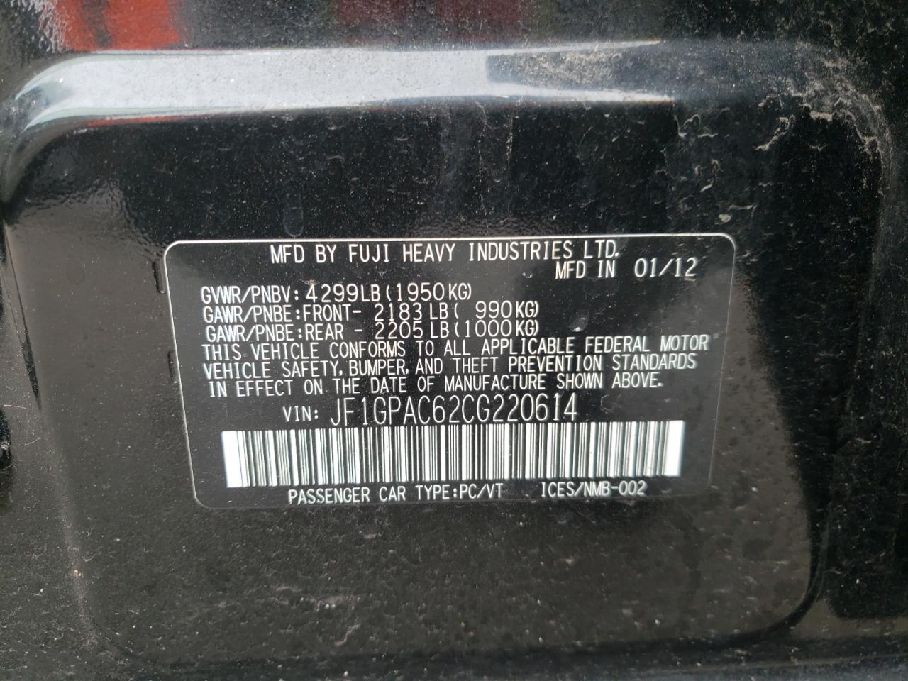 Photo 10 from auction – 2012 SUBARU IMPREZA PR with VIN JF1GPAC62CG220614