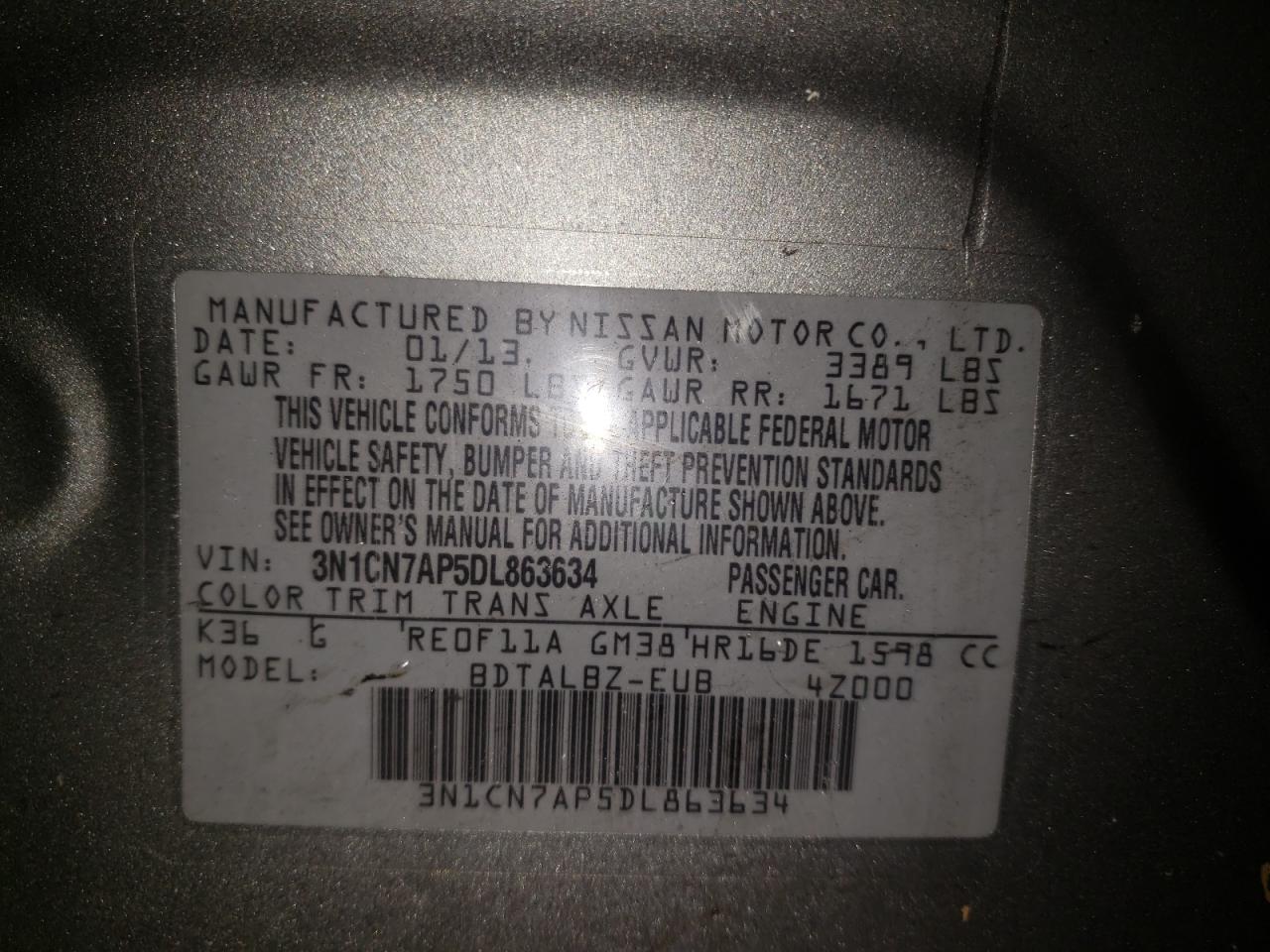 Photo 10 from auction – 2013 NISSAN VERSA S with VIN 3N1CN7AP5DL863634