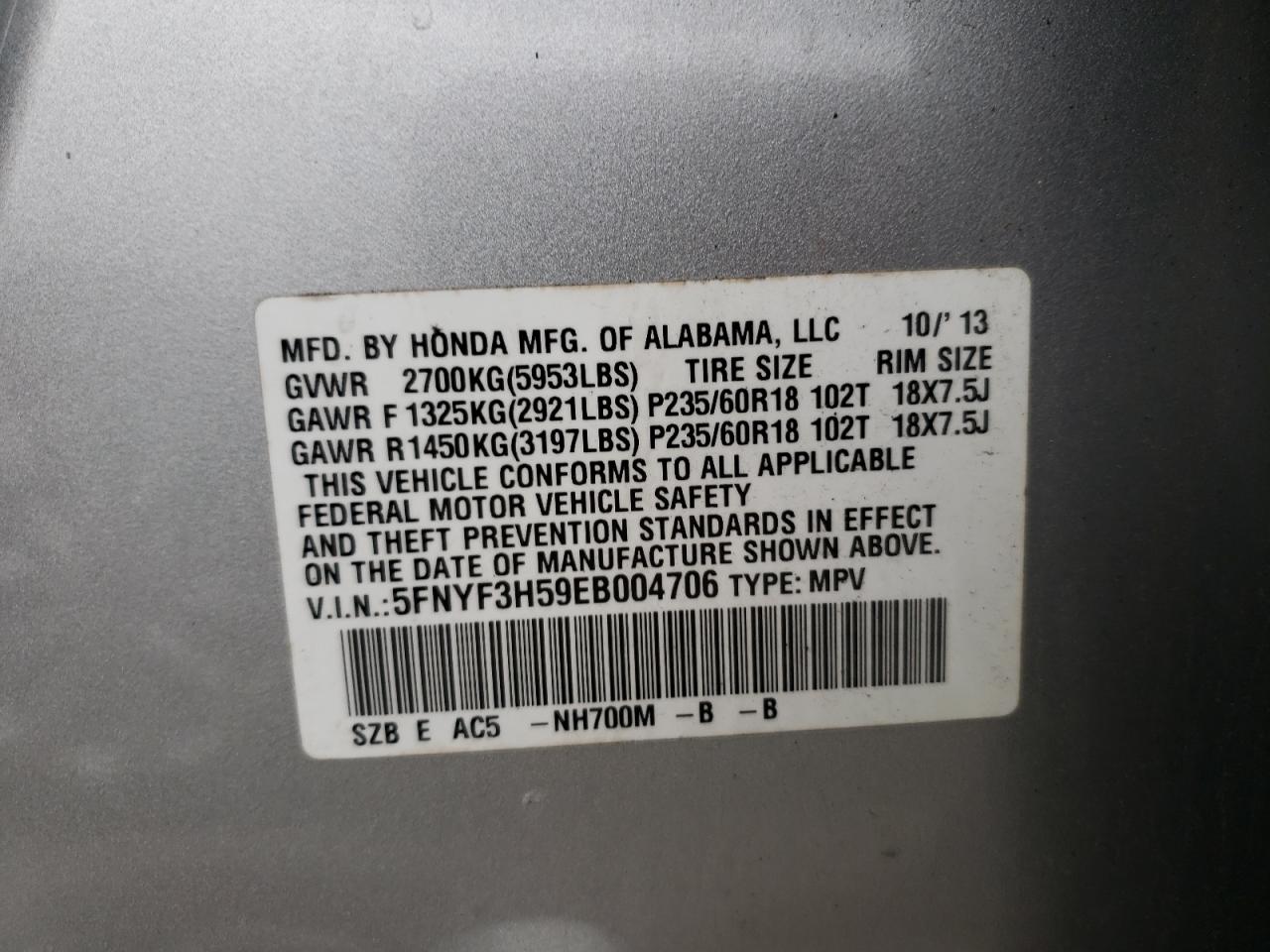 Photo 10 from auction – 2014 HONDA PILOT EXL with VIN 5FNYF3H59EB004706