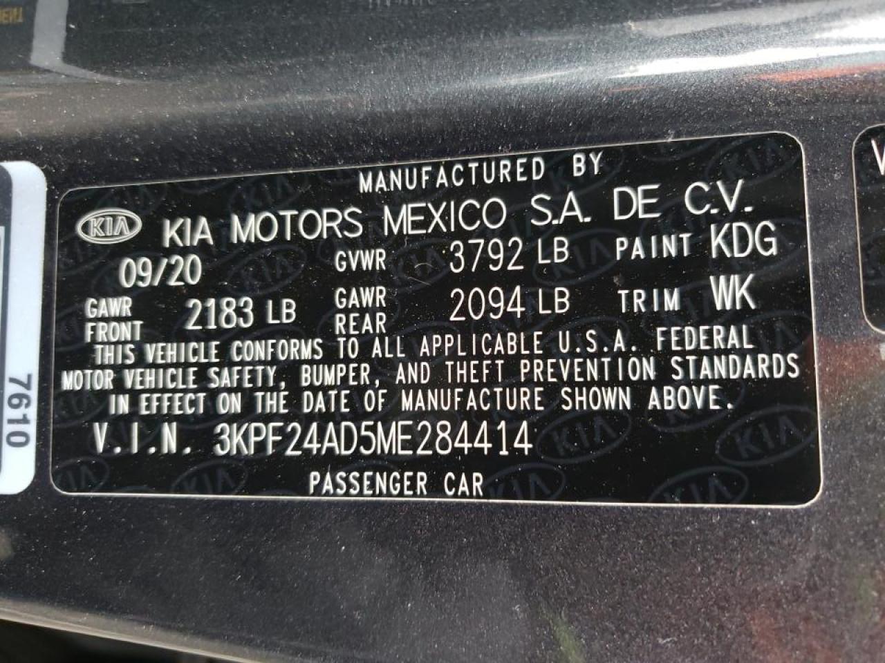 Photo 10 from auction – 2021 KIA FORTE FE with VIN 3KPF24AD5ME284414