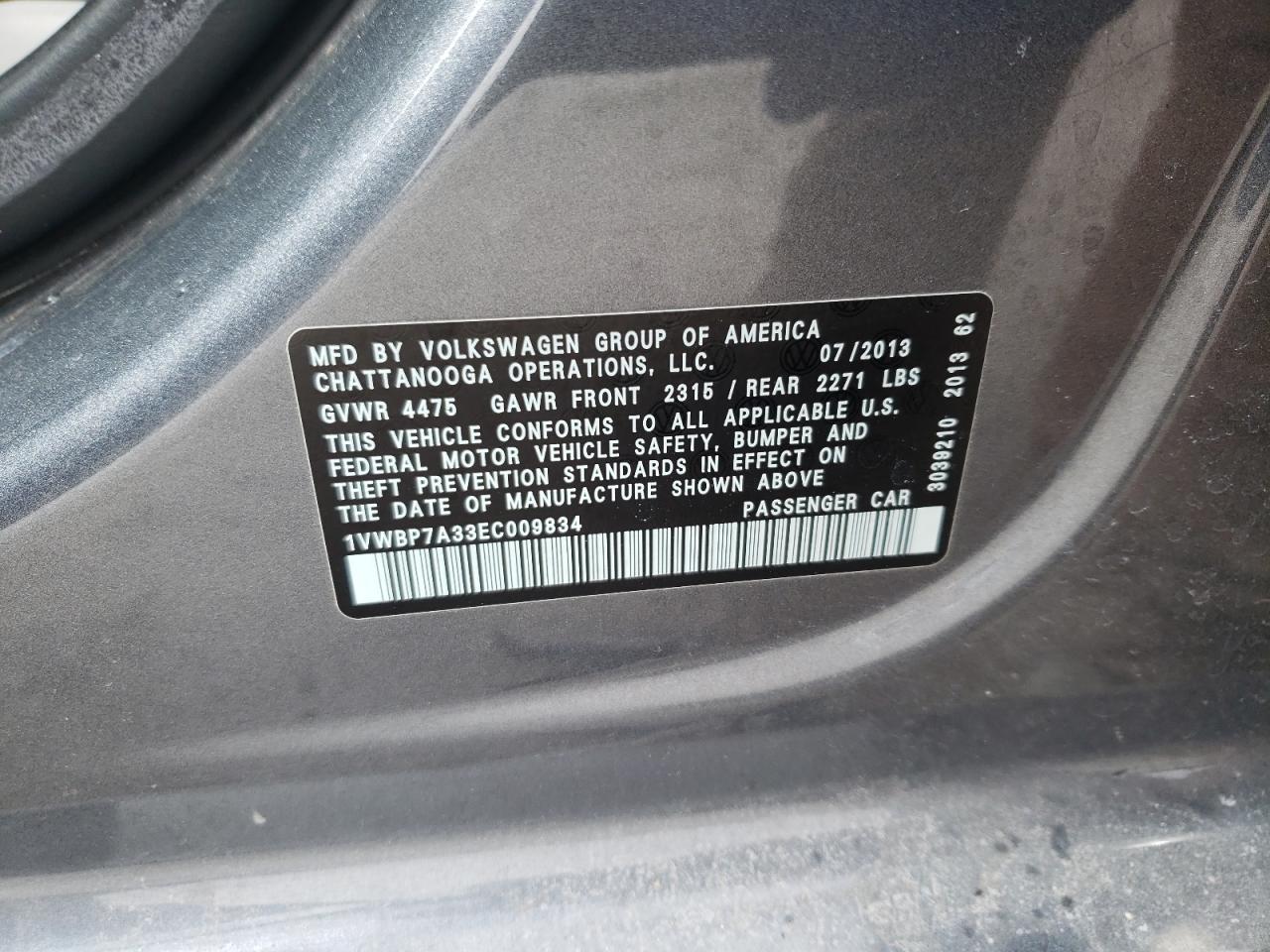 Photo 10 from auction – 2014 VOLKSWAGEN PASSAT SE with VIN 1VWBP7A33EC009834