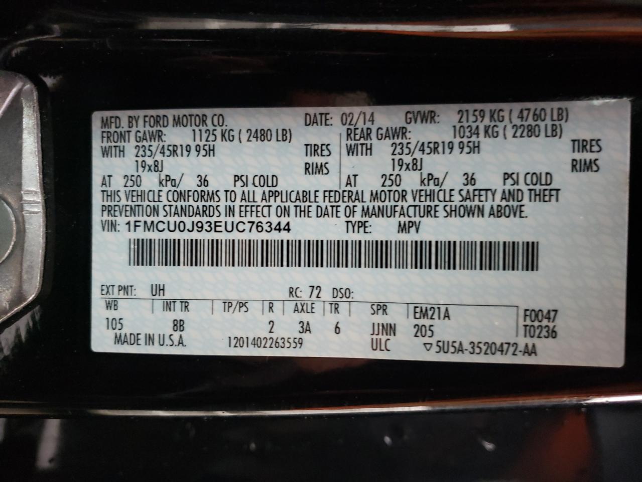 Foto 10 de la subasta – 2014 FORD ESCAPE TIT con VIN 1FMCU0J93EUC76344