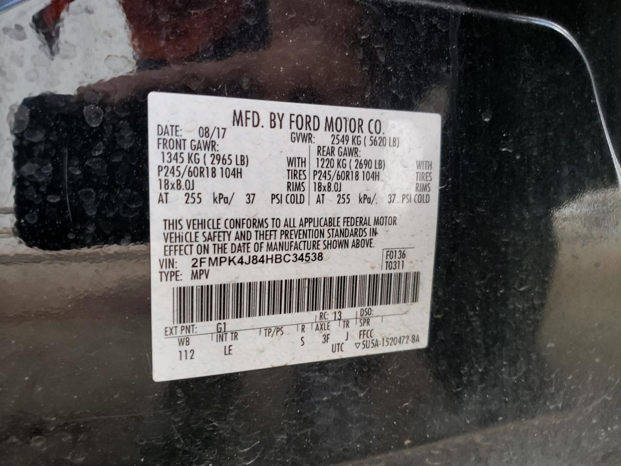 Photo 10 from auction – 2017 FORD EDGE SEL with VIN 2FMPK4J84HBC34538