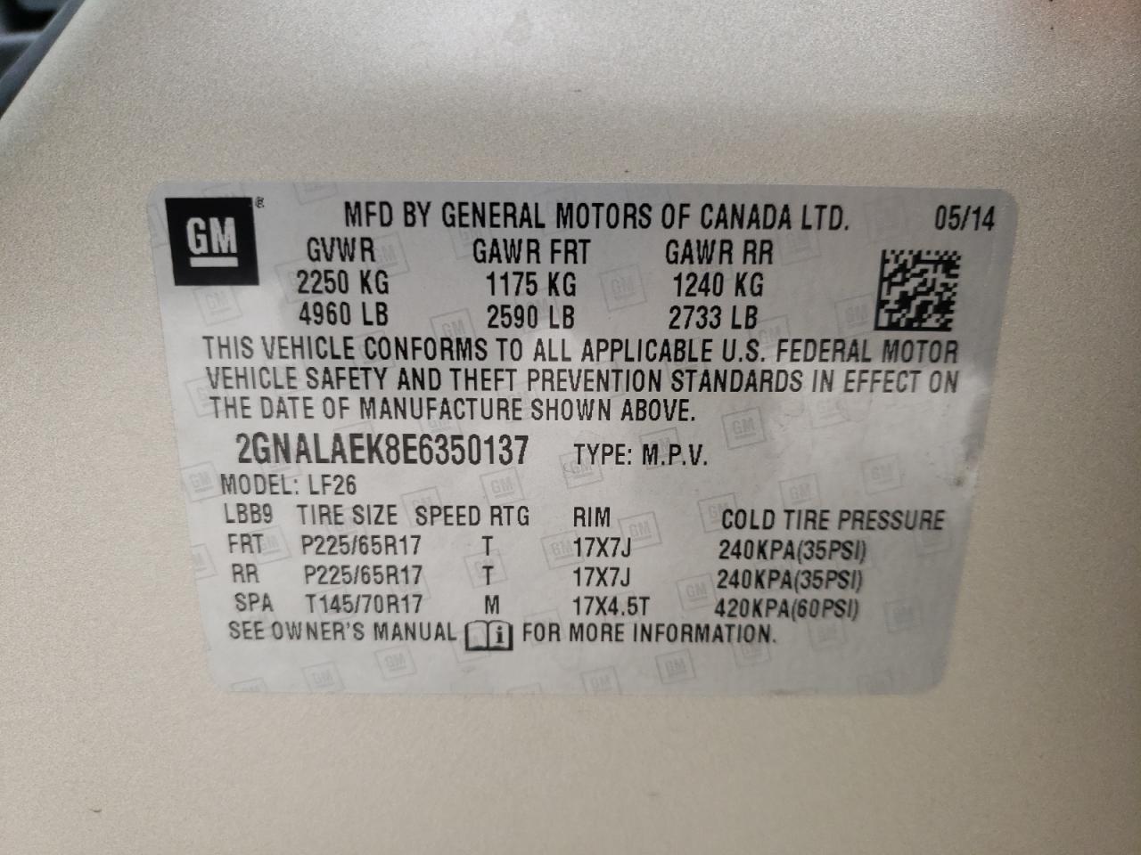 Photo 10 from auction – 2014 CHEVROLET EQUINOX LS with VIN 2GNALAEK8E6350137