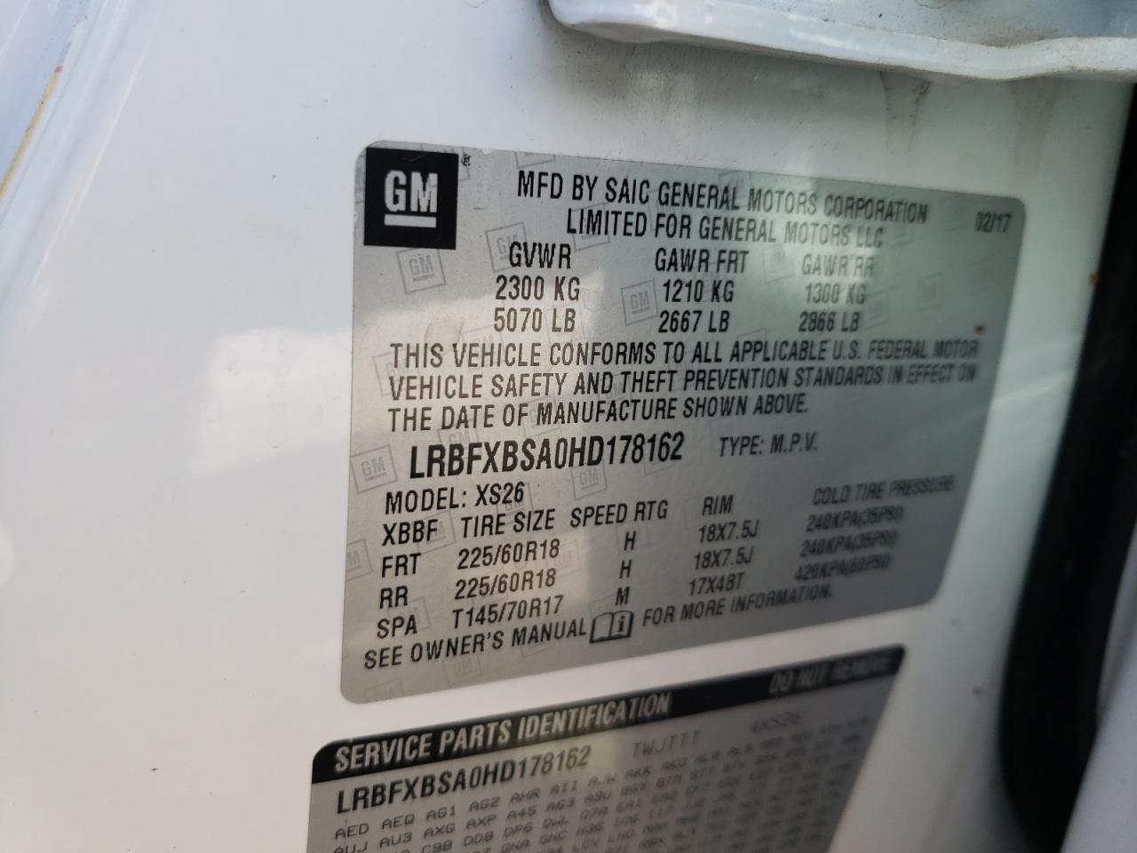 Photo 10 from auction – 2017 BUICK ENVISION E with VIN LRBFXBSA0HD178162