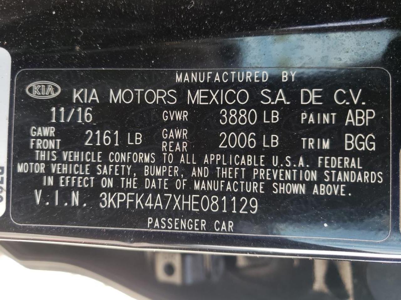Photo 10 from auction – 2017 KIA FORTE LX with VIN 3KPFK4A7XHE081129