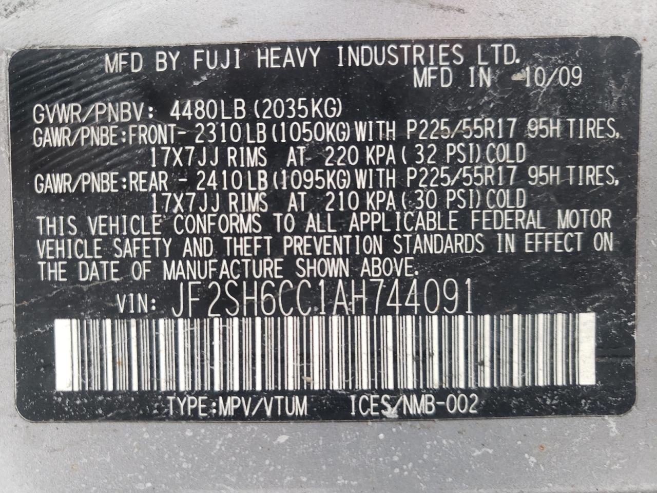 Photo 10 from auction – 2010 SUBARU FORESTER 2 with VIN JF2SH6CC1AH744091