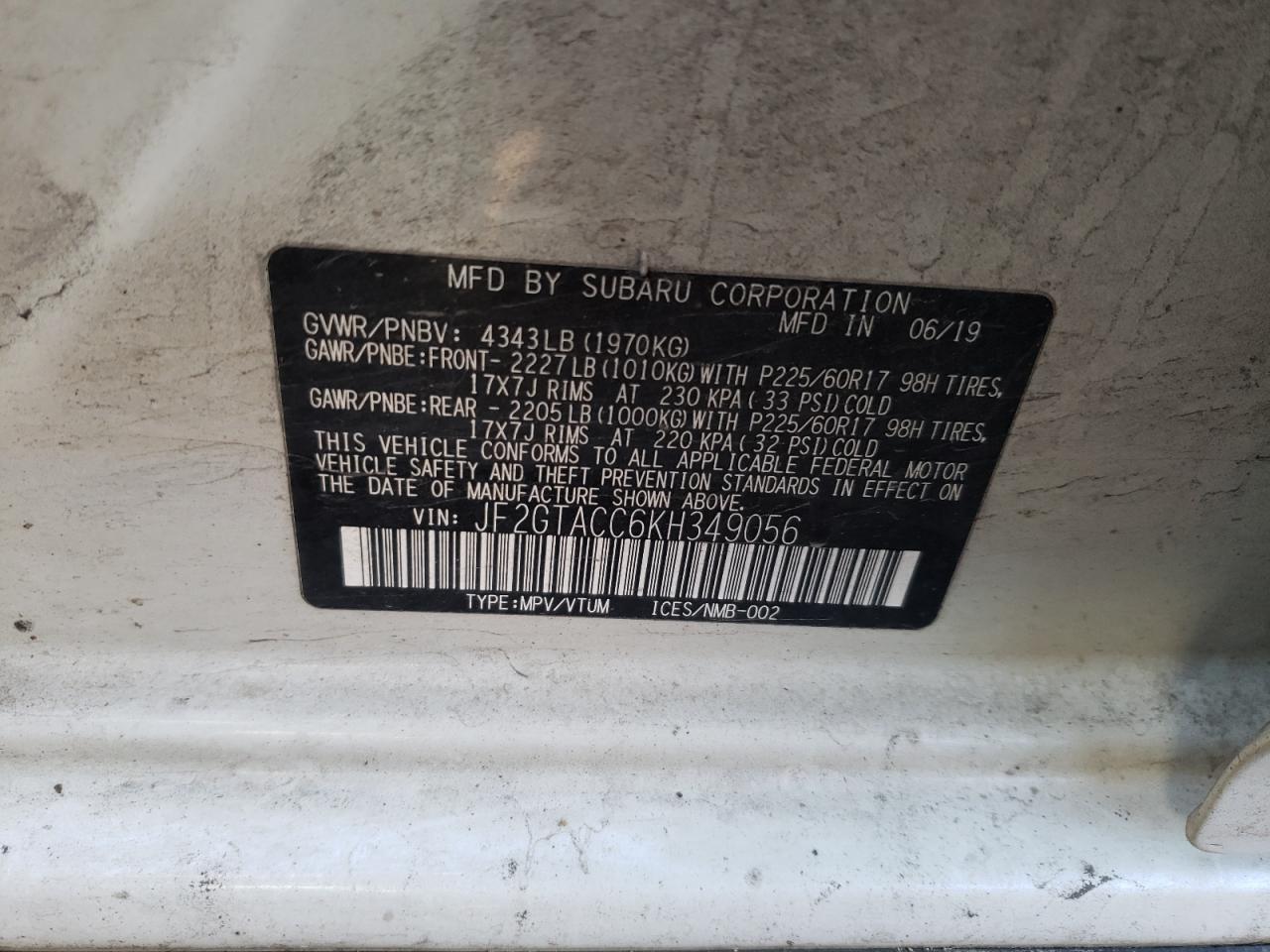 Photo 10 from auction – 2019 SUBARU CROSSTREK with VIN JF2GTACC6KH349056