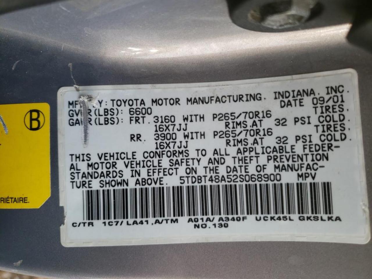 Photo 10 from auction – 2002 TOYOTA SEQUOIA LI with VIN 5TDBT48A52S068900