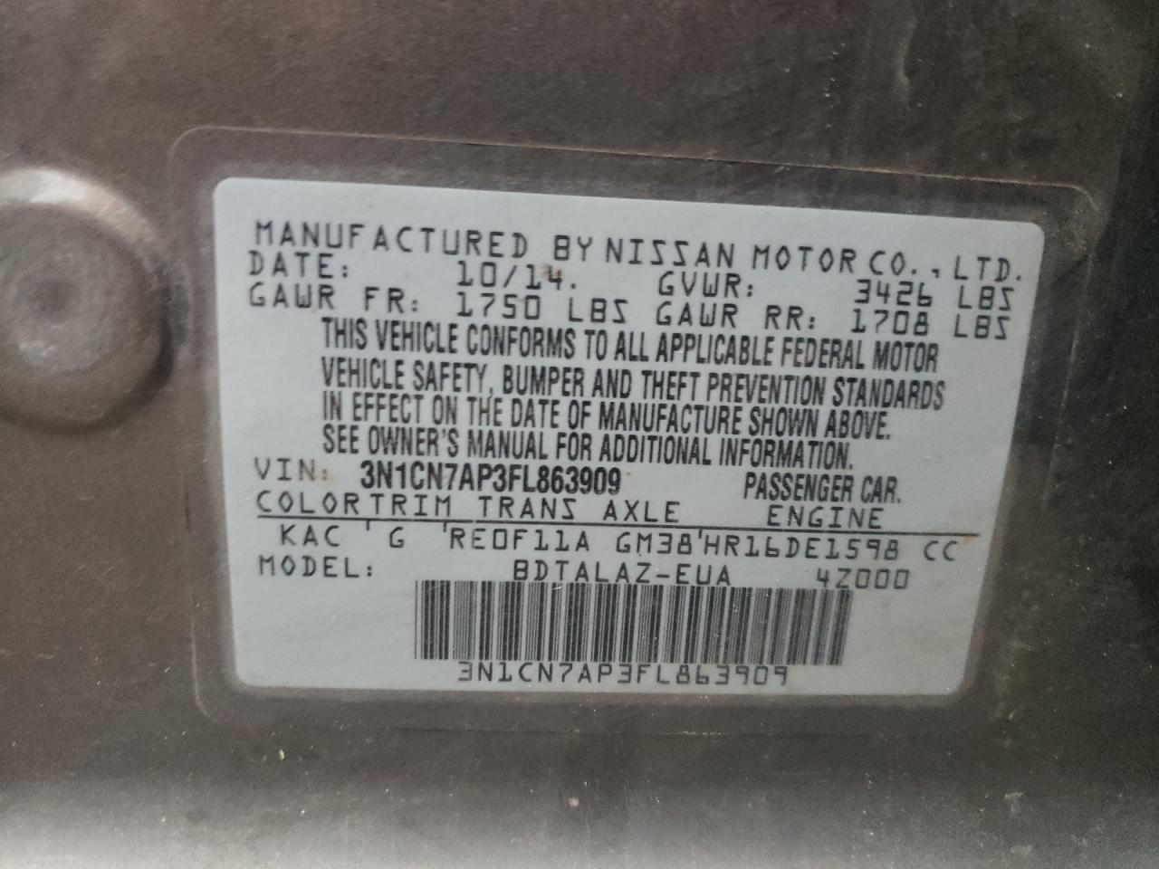 Photo 10 from auction – 2015 NISSAN VERSA S with VIN 3N1CN7AP3FL863909
