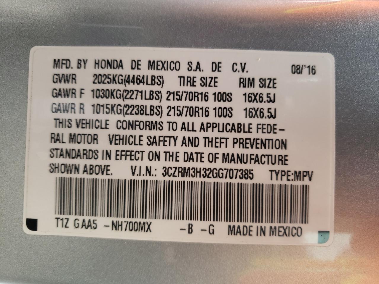 Photo 10 from auction – 2016 HONDA CR-V LX with VIN 3CZRM3H32GG707385