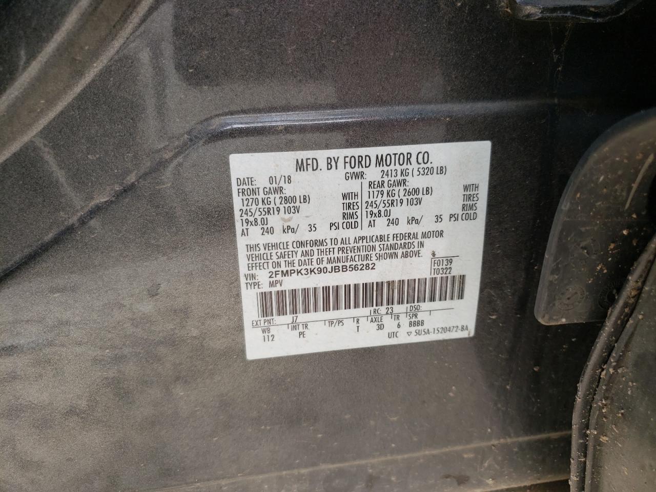 Photo 10 from auction – 2018 FORD EDGE TITAN with VIN 2FMPK3K90JBB56282