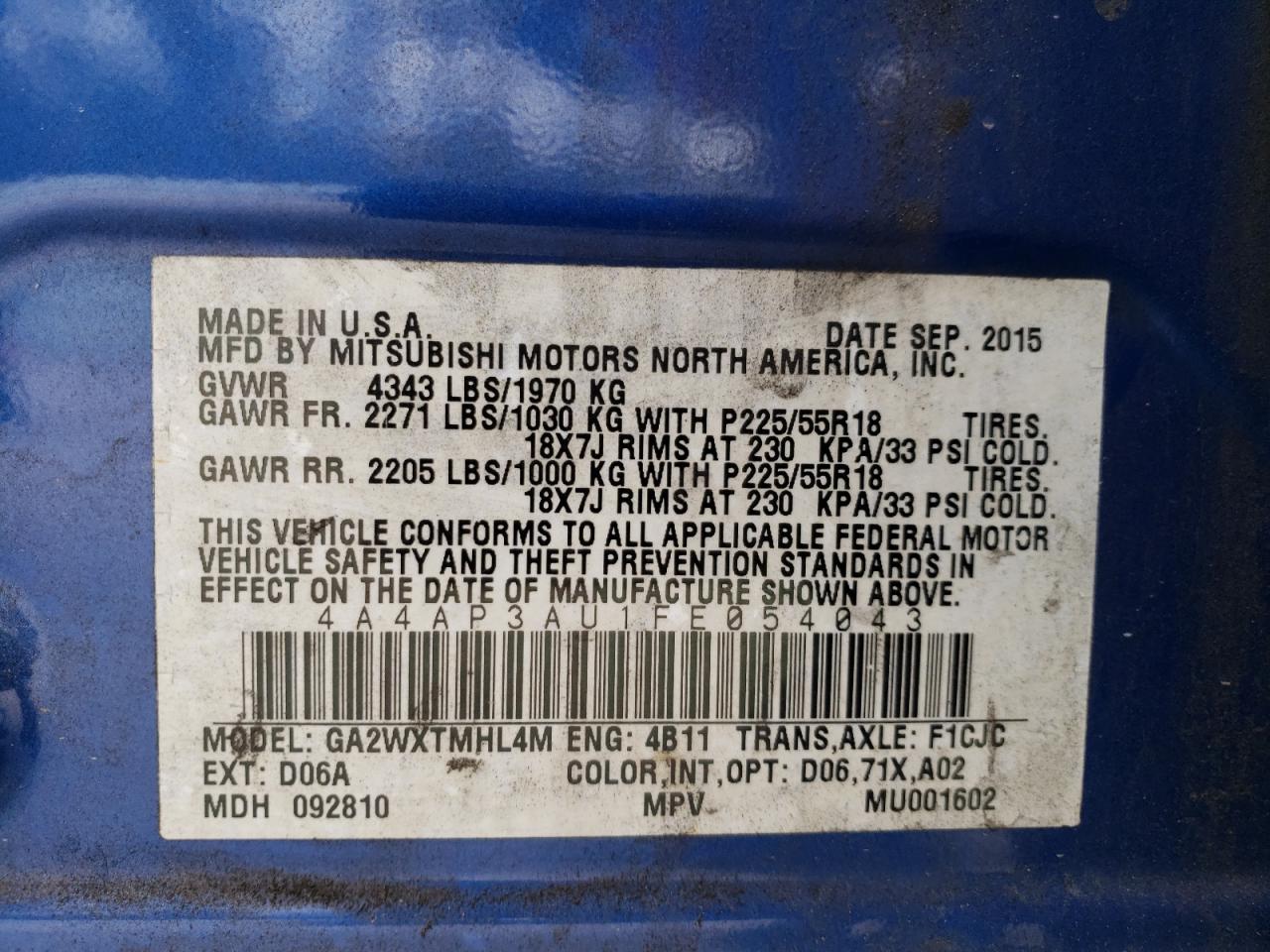 Photo 10 from auction – 2015 MITSUBISHI OUTLANDER with VIN 4A4AP3AU1FE054043