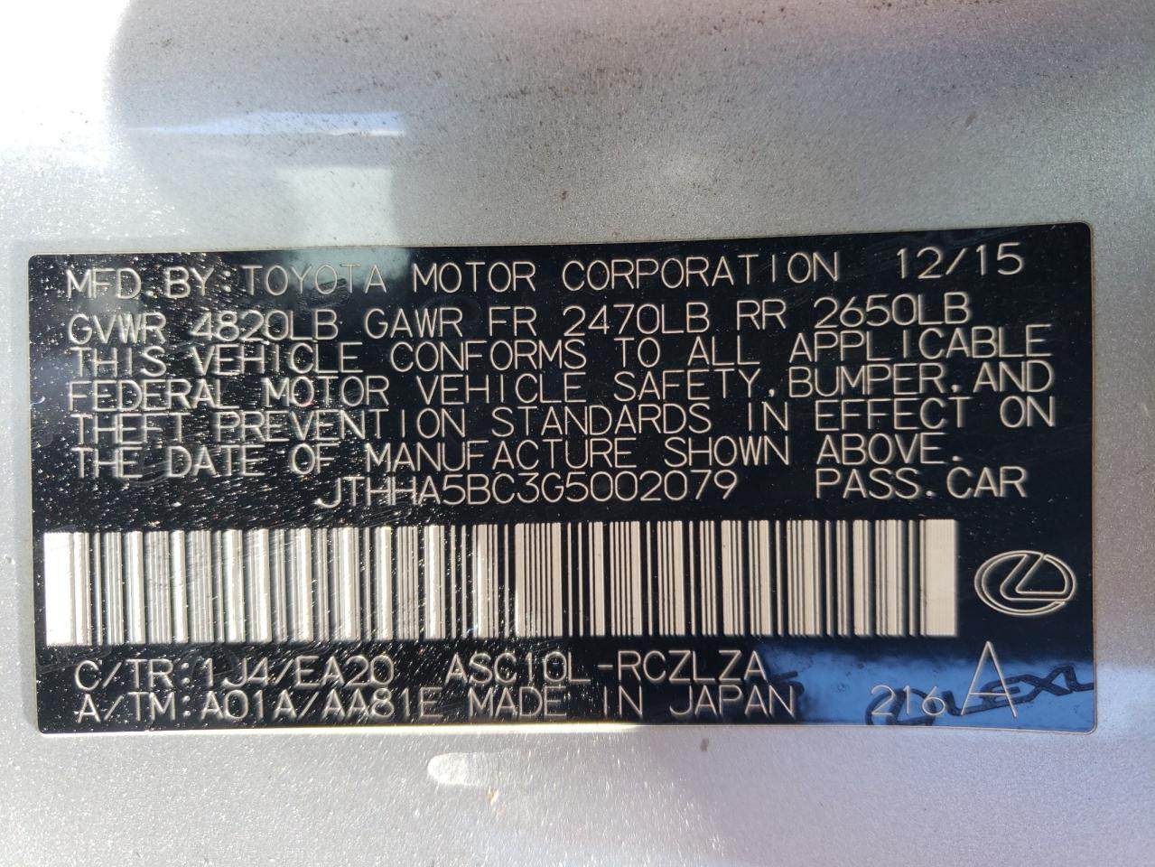 Photo 10 from auction – 2016 LEXUS RC 200T with VIN JTHHA5BC3G5002079
