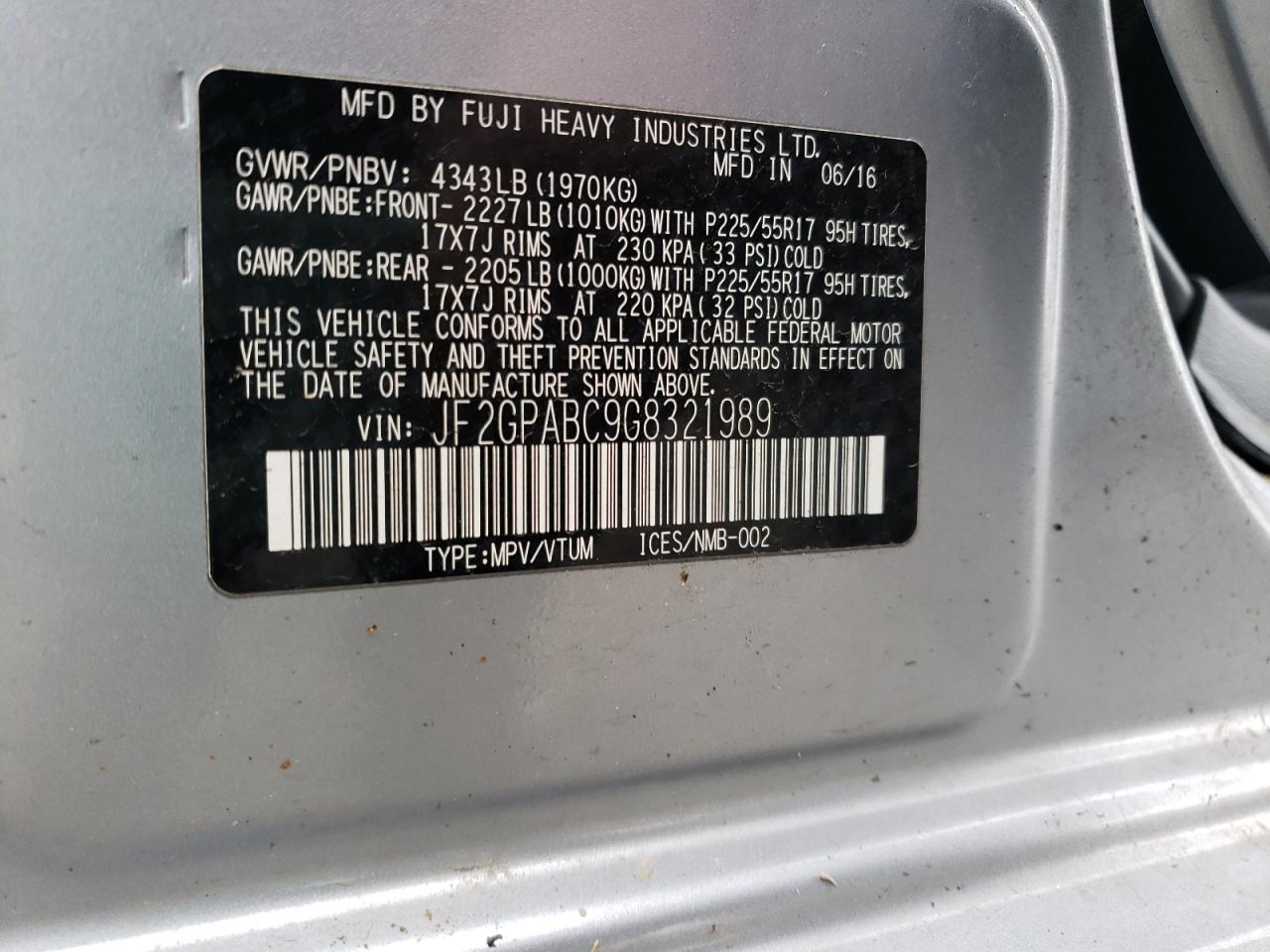 Photo 10 from auction – 2016 SUBARU CROSSTREK with VIN JF2GPABC9G8321989