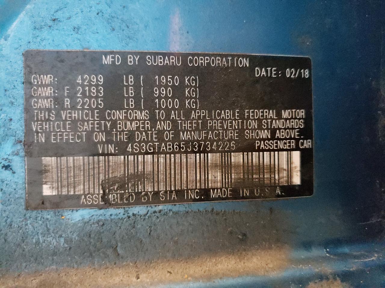 Photo 10 from auction – 2018 SUBARU IMPREZA PR with VIN 4S3GTAB65J3734226