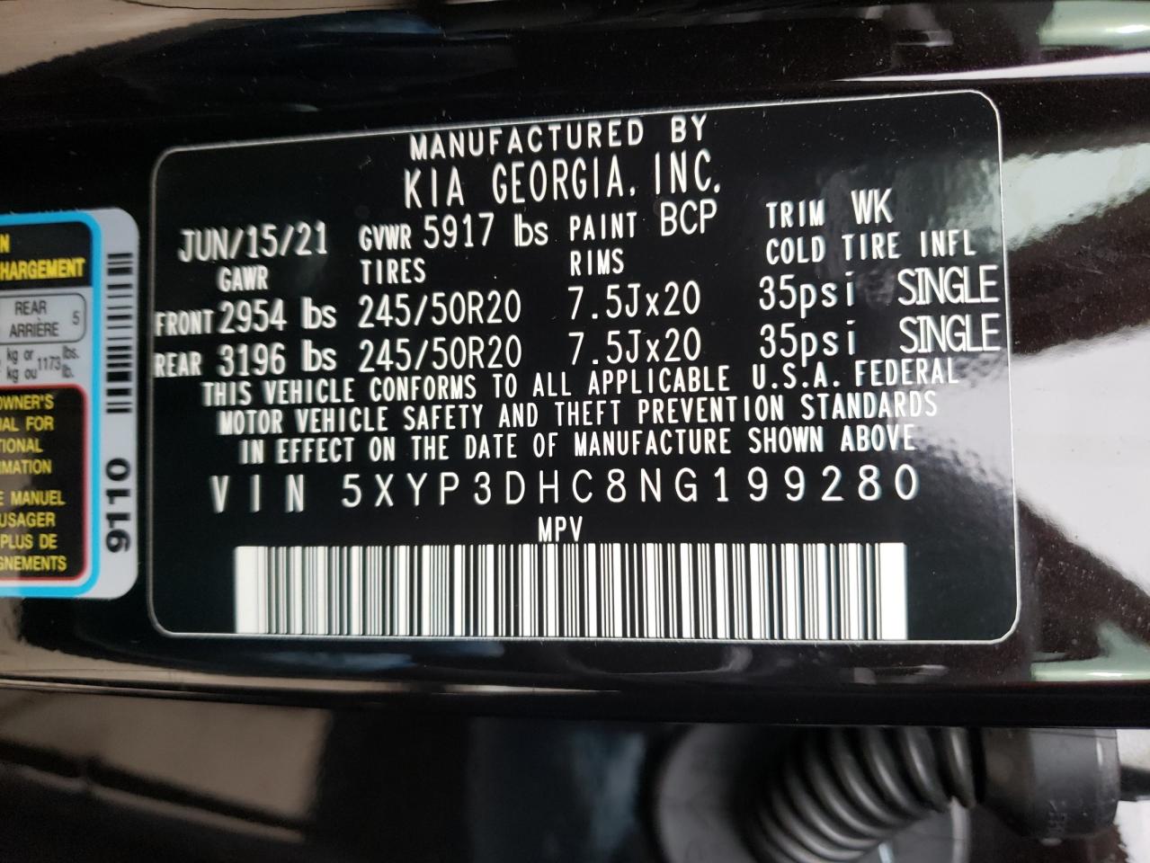 Photo 10 from auction – 2022 KIA TELLURIDE with VIN 5XYP3DHC8NG199280