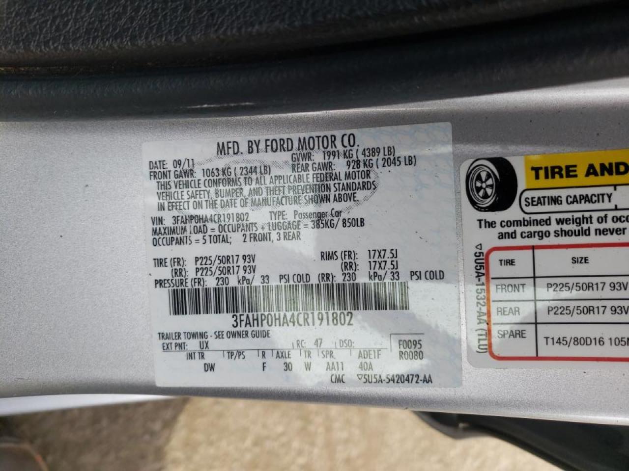 Photo 10 from auction – 2012 FORD FUSION SE with VIN 3FAHP0HA4CR191802