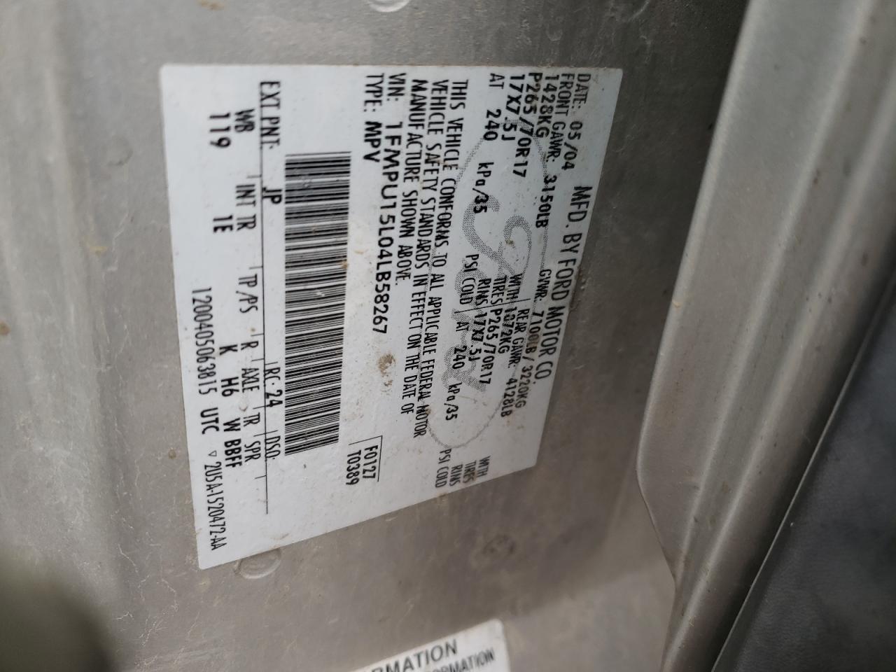 Photo 10 from auction – 2004 FORD EXPEDITION with VIN 1FMPU15L04LB58267