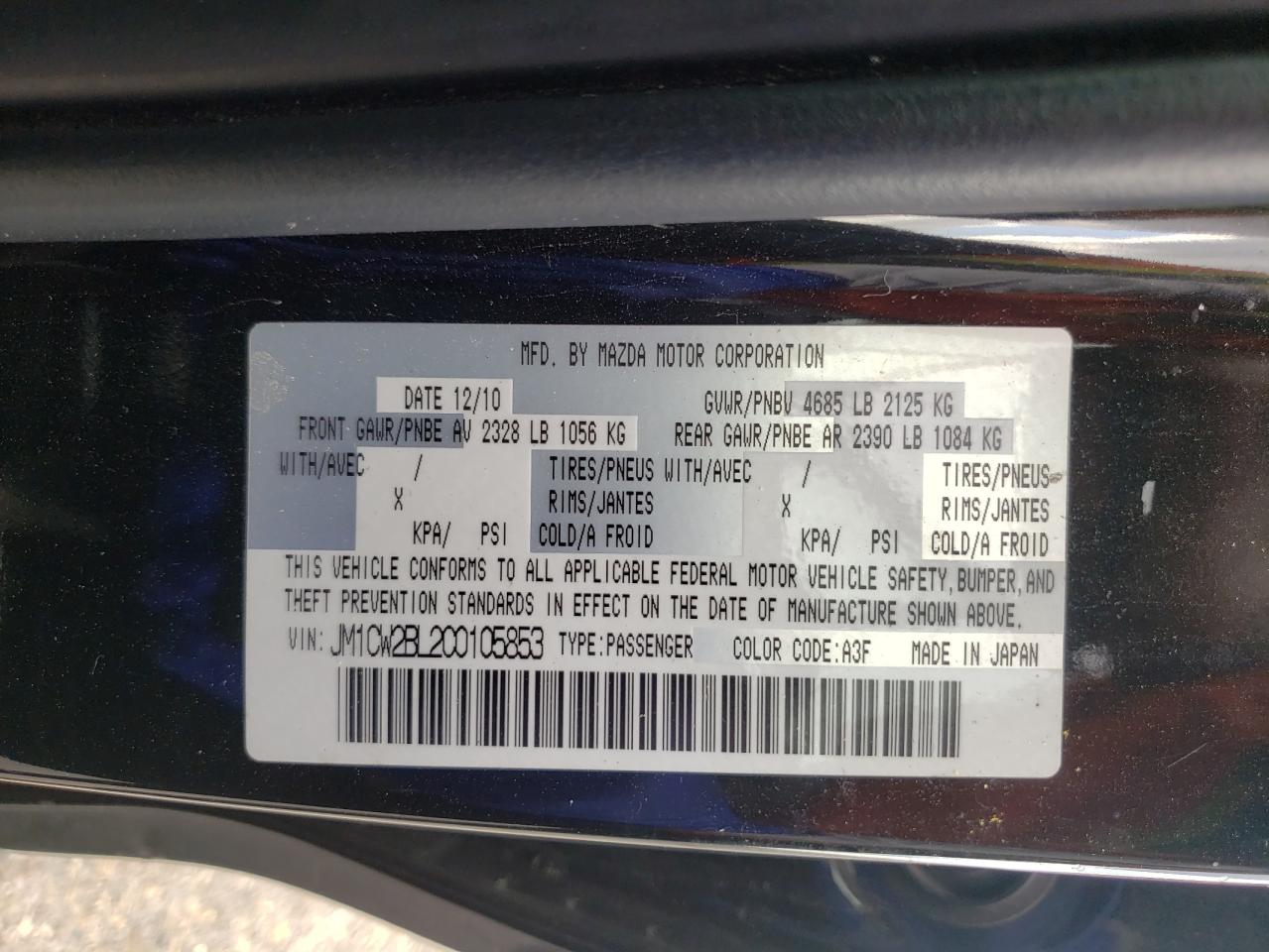 Photo 10 from auction – 2012 MAZDA 5 with VIN JM1CW2BL2C0105853