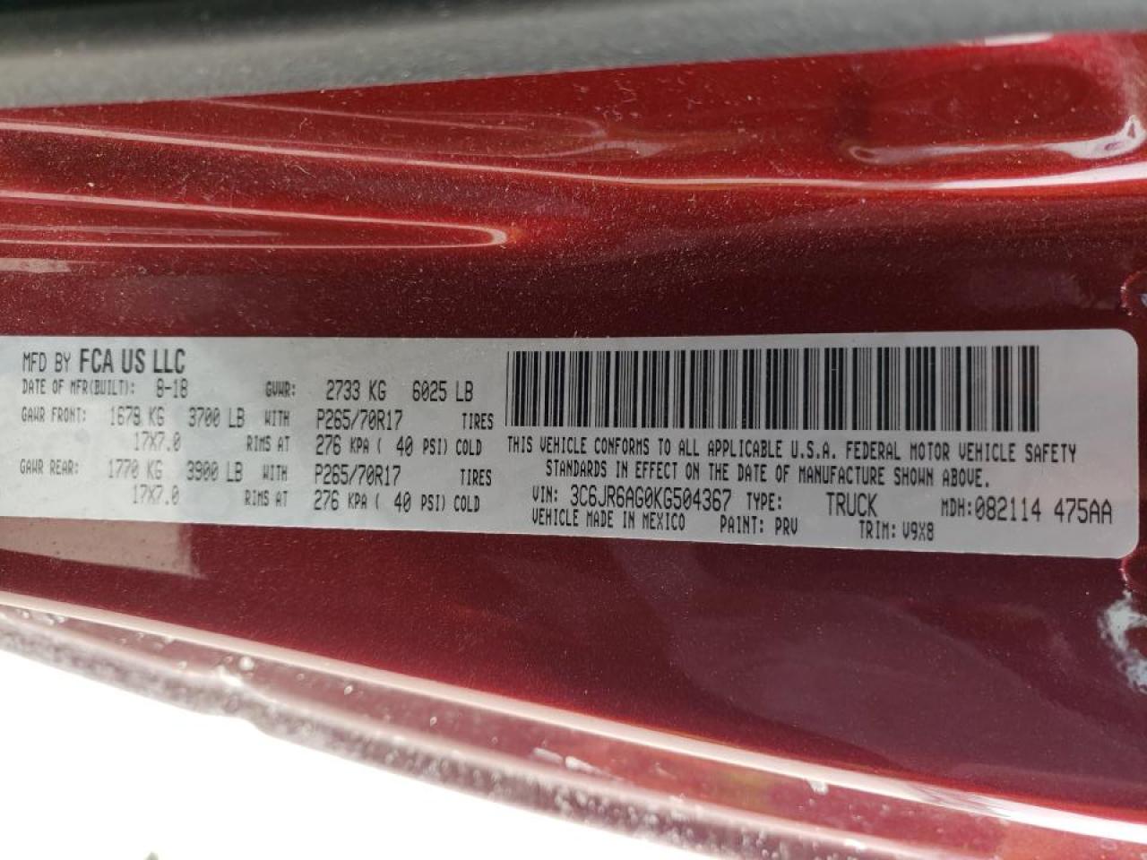 Photo 10 from auction – 2019 RAM 1500 CLASS with VIN 3C6JR6AG0KG504367