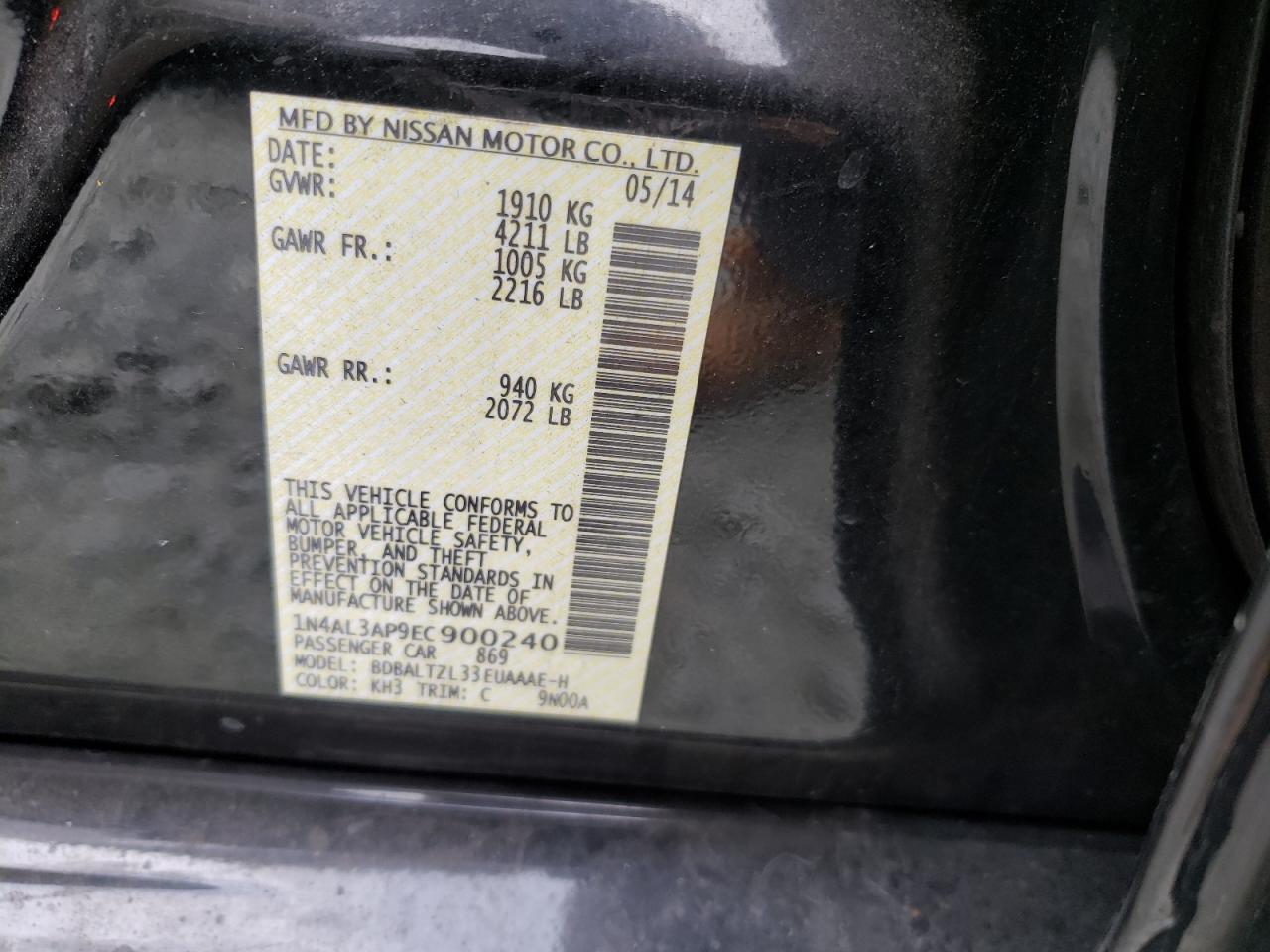 Photo 10 from auction – 2014 NISSAN ALTIMA 2.5 with VIN 1N4AL3AP9EC900240