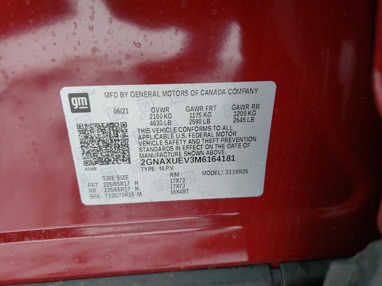 Photo 10 from auction – 2021 CHEVROLET EQUINOX LT with VIN 2GNAXUEV3M6164181