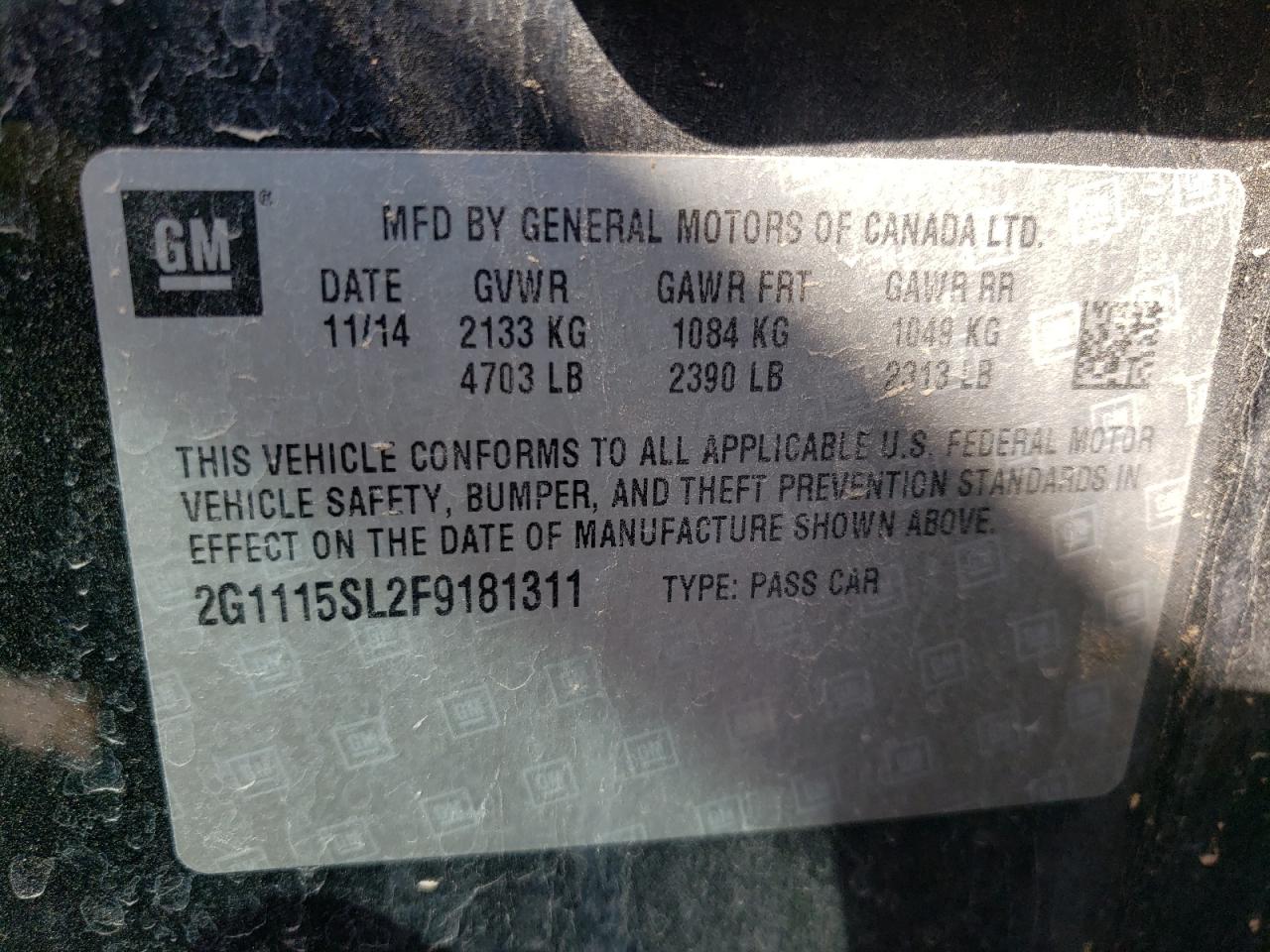 Photo 10 from auction – 2015 CHEVROLET IMPALA LT with VIN 2G1115SL2F9181311