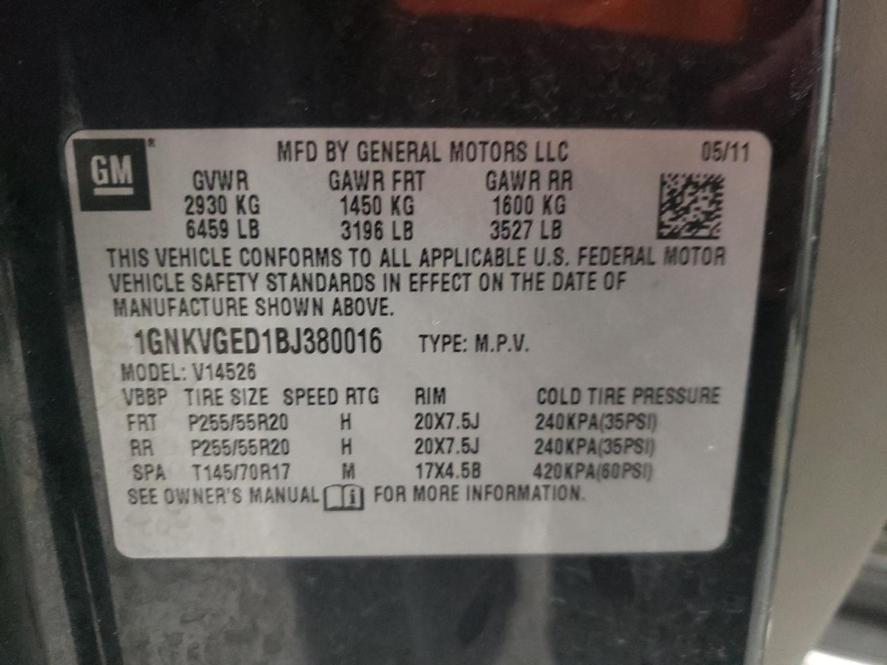 Photo 10 from auction – 2011 CHEVROLET TRAVERSE L with VIN 1GNKVGED1BJ380016
