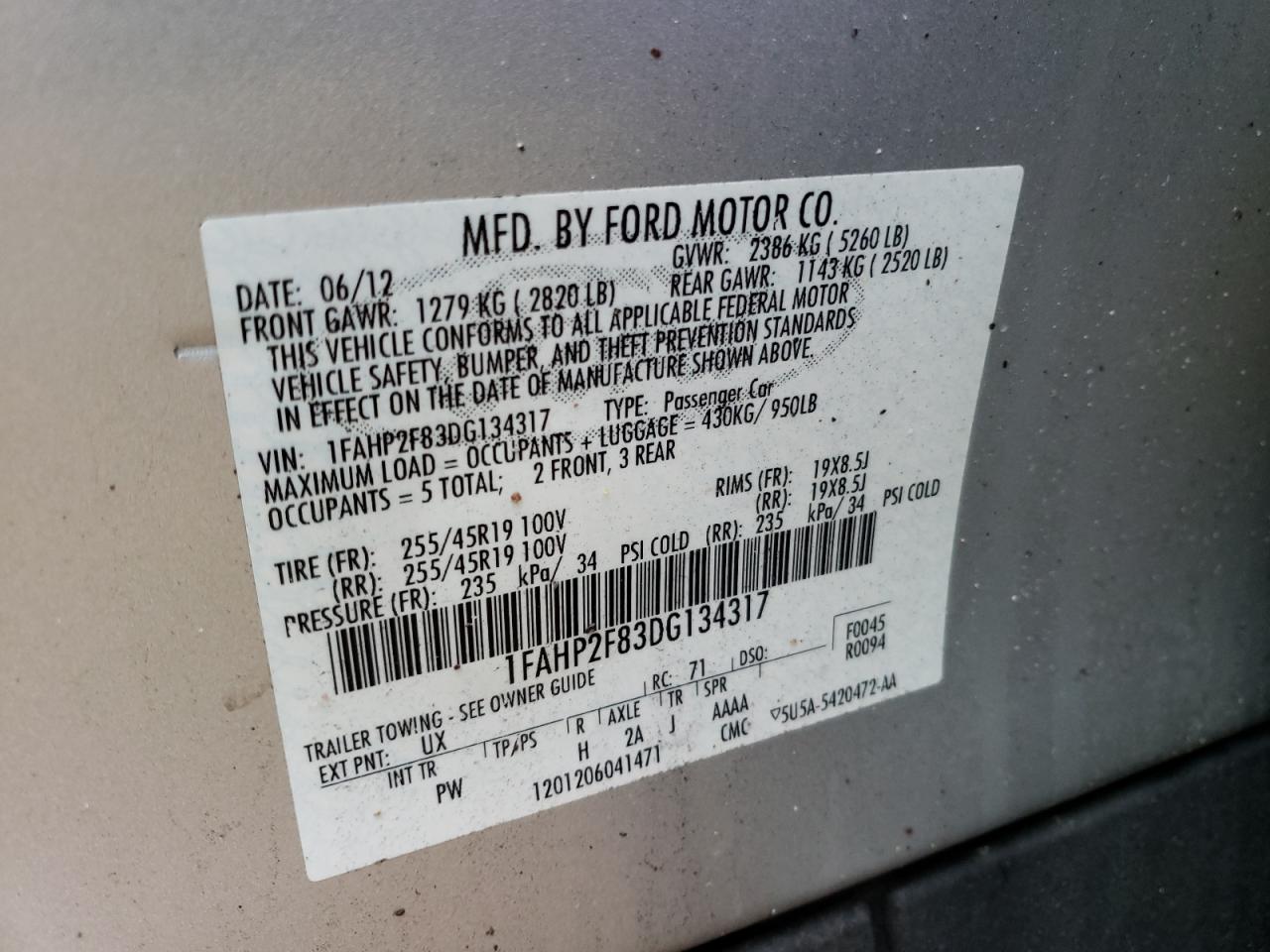 Photo 10 from auction – 2013 FORD TAURUS LIM with VIN 1FAHP2F83DG134317