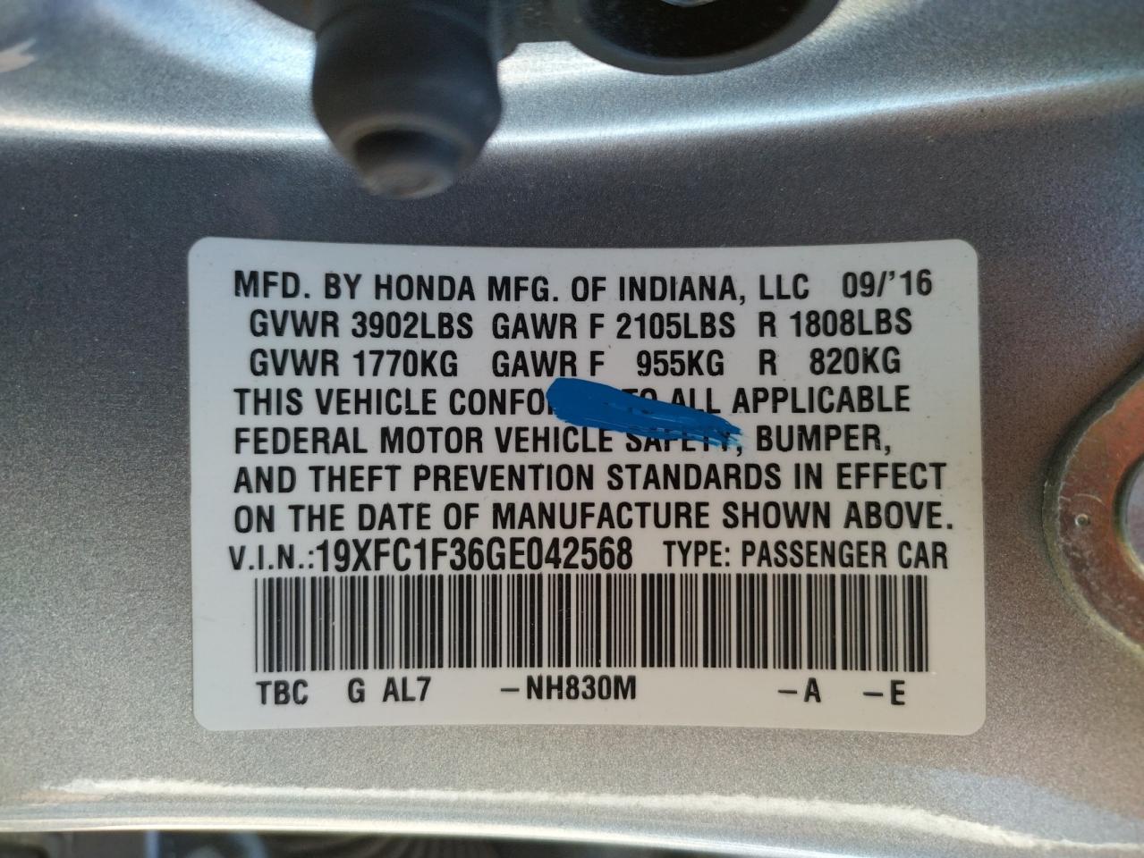 Photo 10 from auction – 2016 HONDA CIVIC EX with VIN 19XFC1F36GE042568