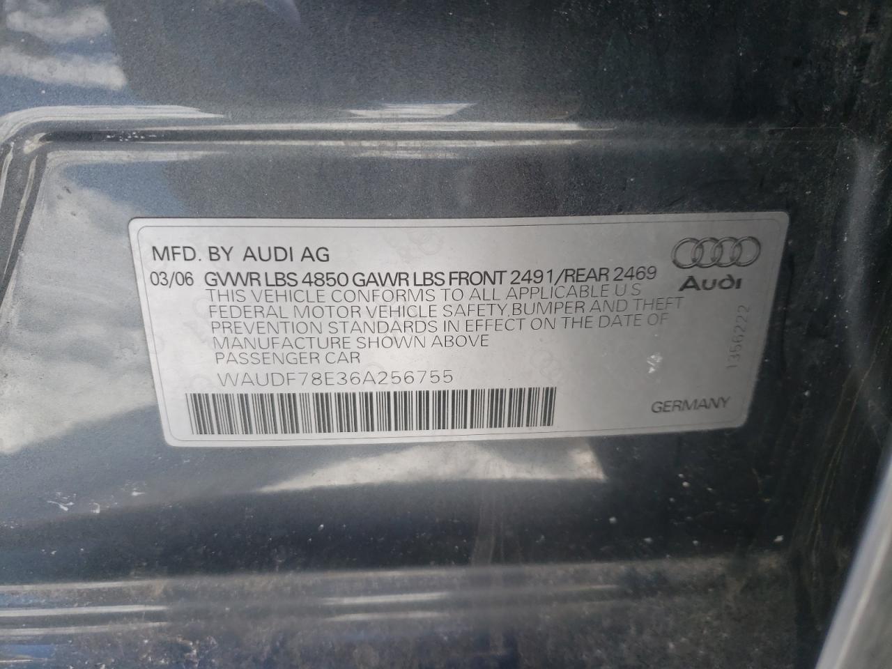 Zdjęcie 10 z aukcji – 2006 AUDI A4 2.0T QU z VIN WAUDF78E36A256755