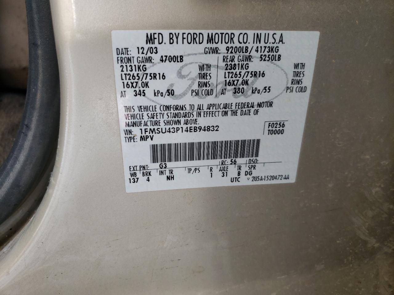 Photo 10 from auction – 2004 FORD EXCURSION with VIN 1FMSU43P14EB94832