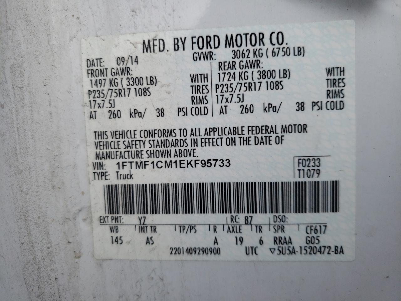 Photo 10 from auction – 2014 FORD F150 with VIN 1FTMF1CM1EKF95733