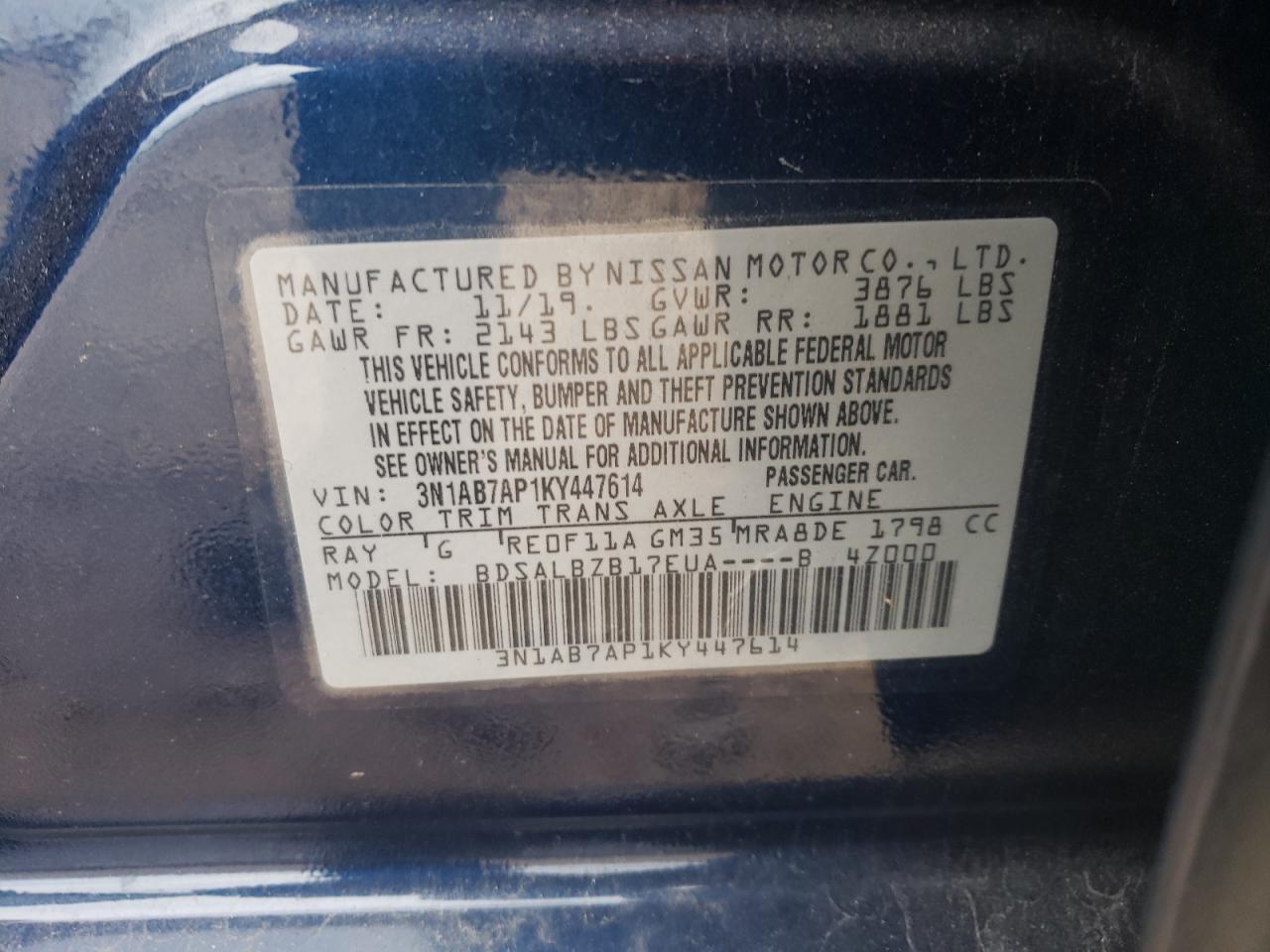 Photo 10 from auction – 2019 NISSAN SENTRA with VIN 3N1AB7AP1KY447614