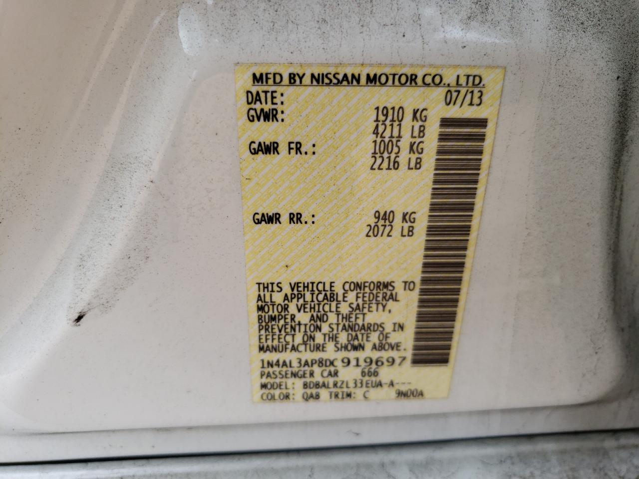 Photo 10 from auction – 2013 NISSAN ALTIMA 2.5 with VIN 1N4AL3AP8DC919697