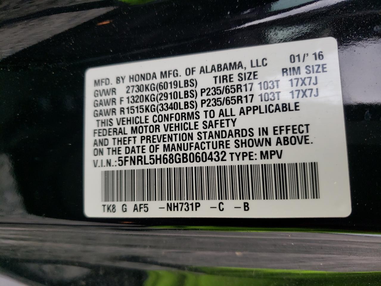Photo 10 from auction – 2016 HONDA ODYSSEY EX with VIN 5FNRL5H68GB060432