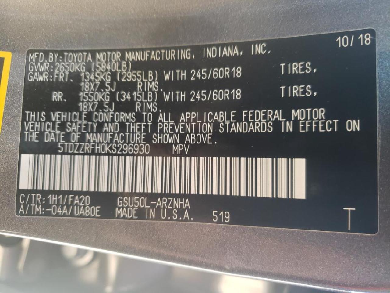 Photo 10 from auction – 2019 TOYOTA HIGHLANDER with VIN 5TDZZRFH0KS296930