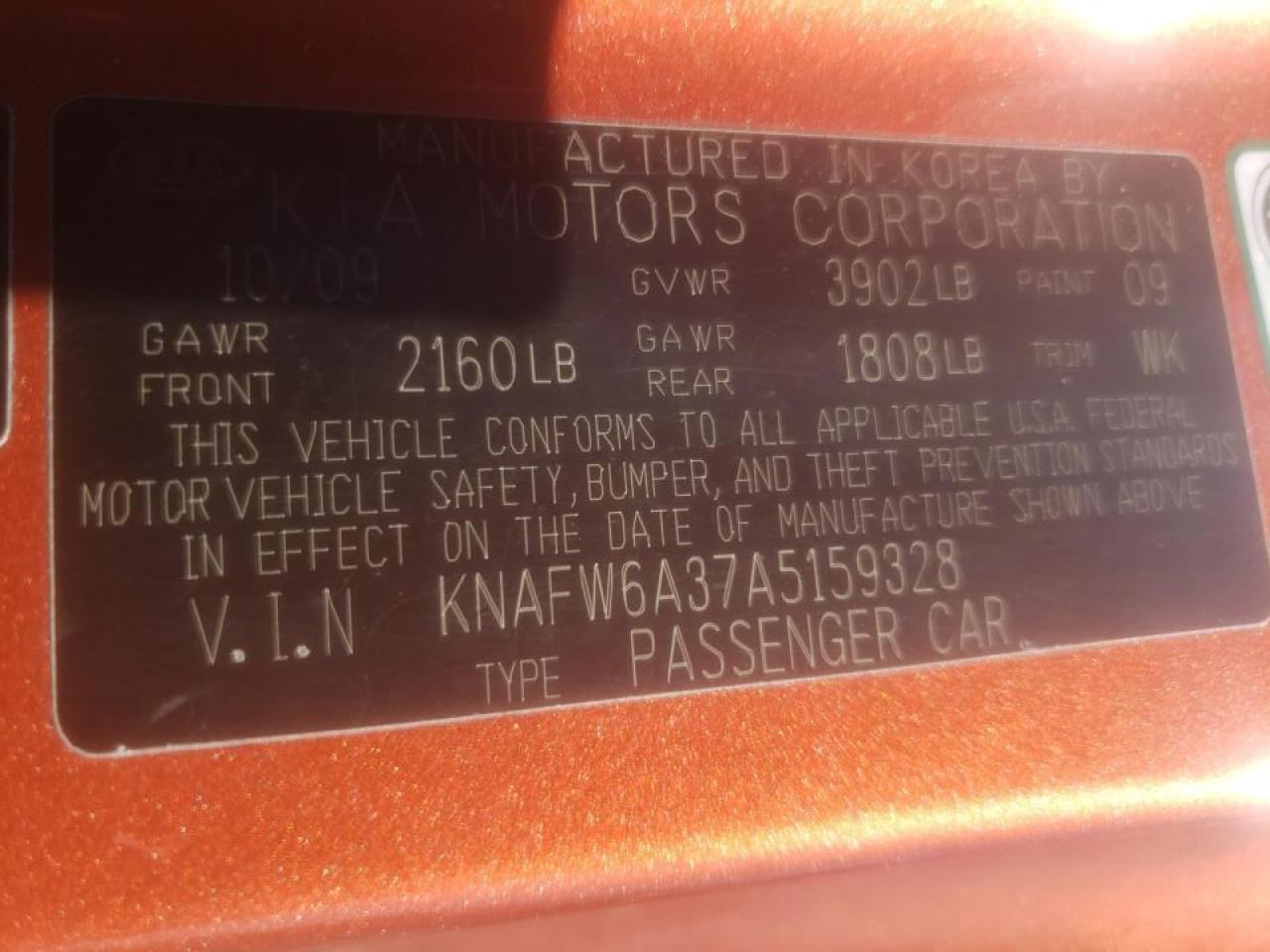 Photo 10 from auction – 2010 KIA FORTE SX with VIN KNAFW6A37A5159328