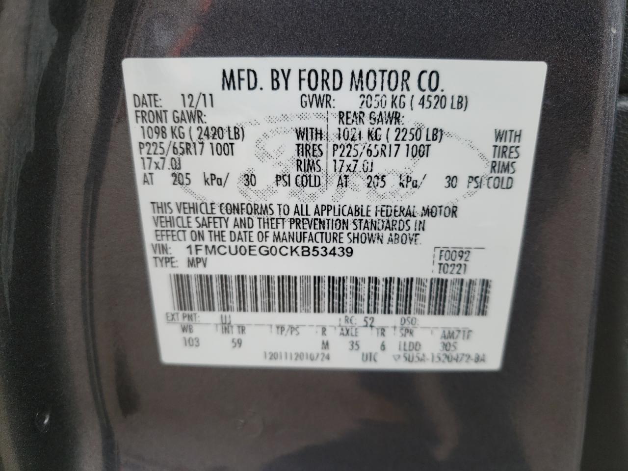 Photo 10 from auction – 2012 FORD ESCAPE LIM with VIN 1FMCU0EG0CKB53439