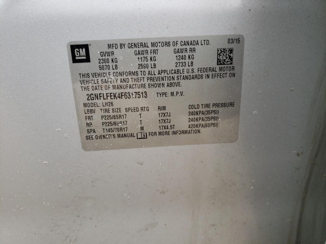 Photo 10 from auction – 2015 CHEVROLET EQUINOX LT with VIN 2GNFLFEK4F6317513