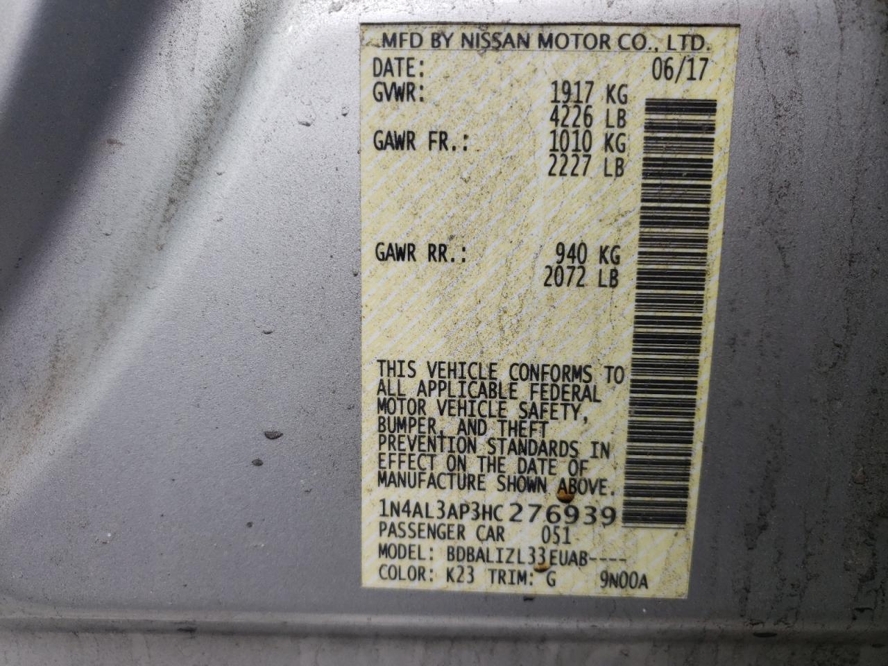 Photo 10 from auction – 2017 NISSAN ALTIMA 2.5 with VIN 1N4AL3AP3HC276939