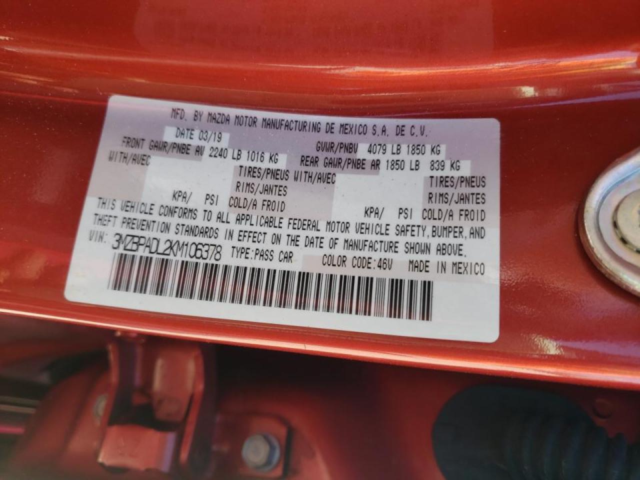Foto 10 de la subasta – 2019 MAZDA 3 PREFERRE con VIN 3MZBPADL2KM106378