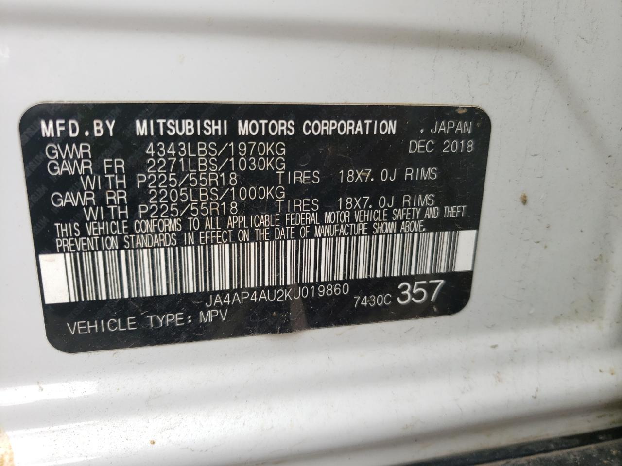 Photo 10 from auction – 2019 MITSUBISHI OUTLANDER with VIN JA4AP4AU2KU019860